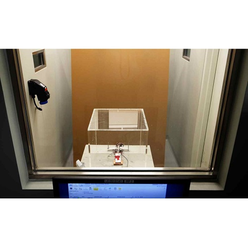 A battery cell being tested in the abuse chamber.