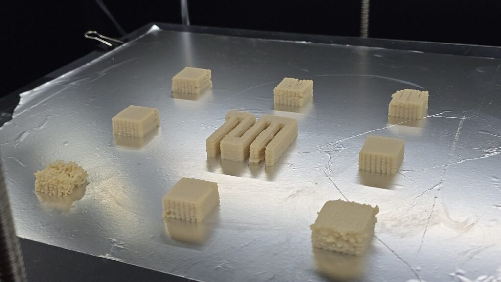 3D-printed soy-based edible ink test samples on a print bed